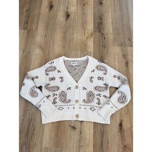 American Eagle Paisley Knit Button Front Cardigan M Cream Brown Earthy Western